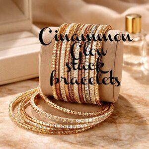 "Cinnamon Glow" 10 Rhinestone Stack Bracelets – Hues of Amber Sparkle